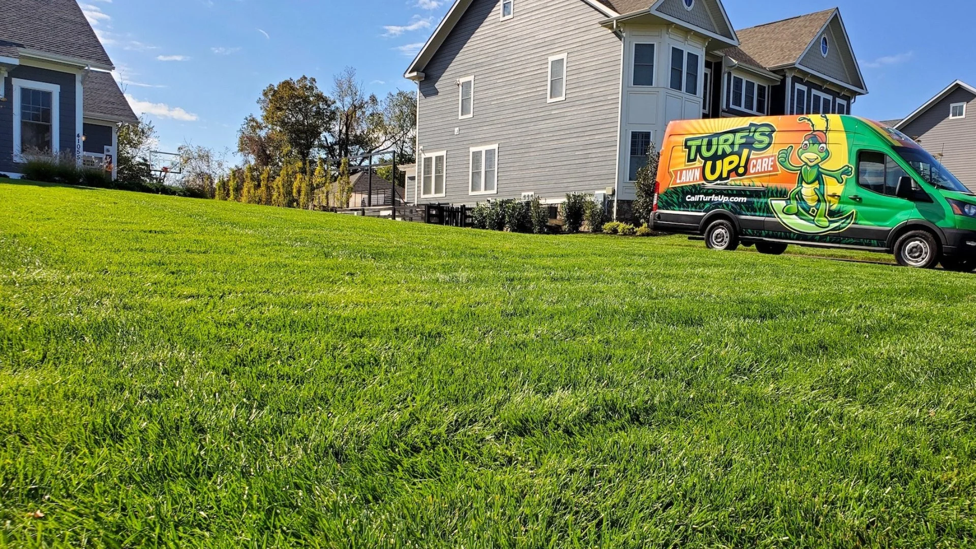 Turf's Up Lawn Care company truck in front of a customers home in Leesburg, VA.
