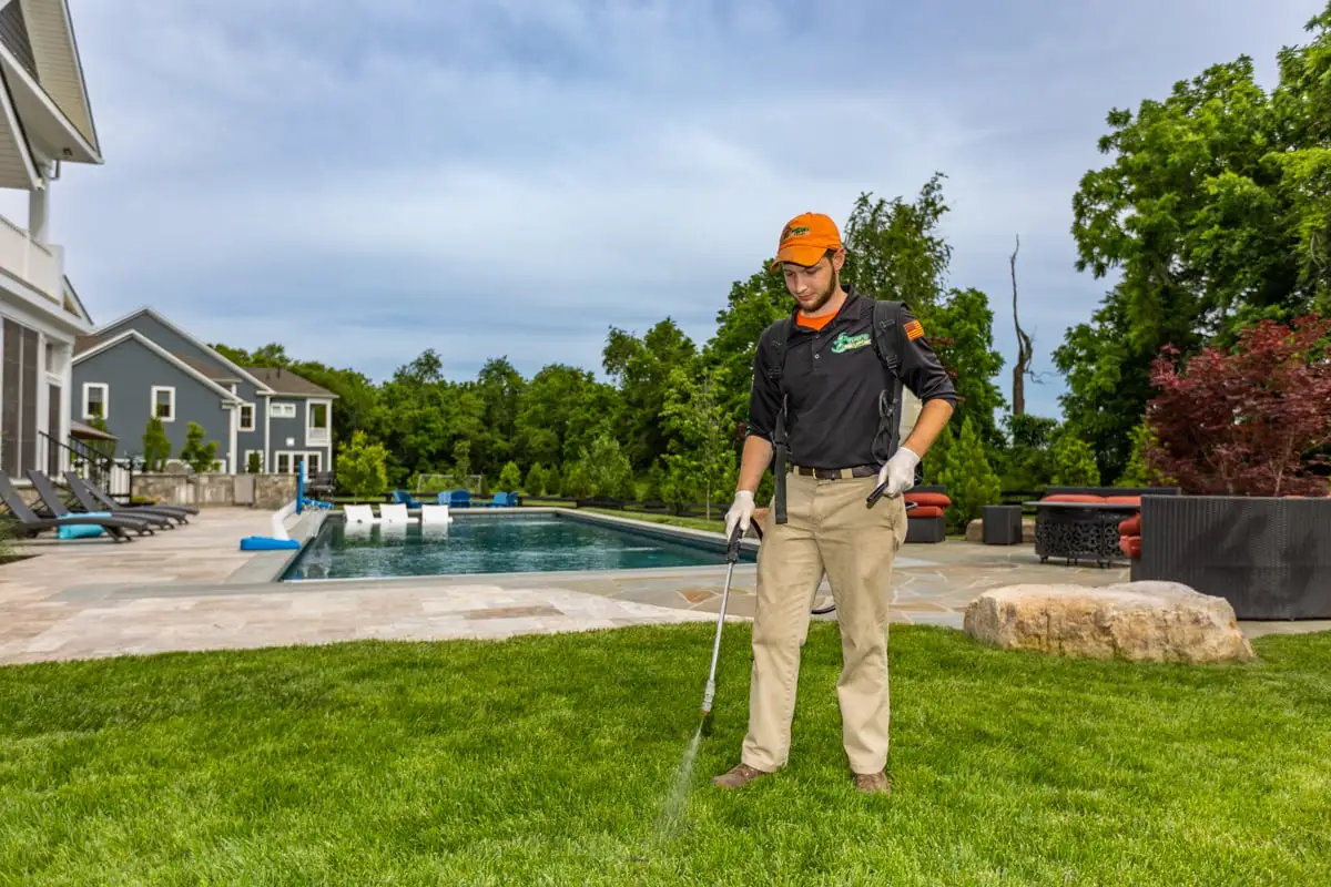 lawn care technician sprays for weeds